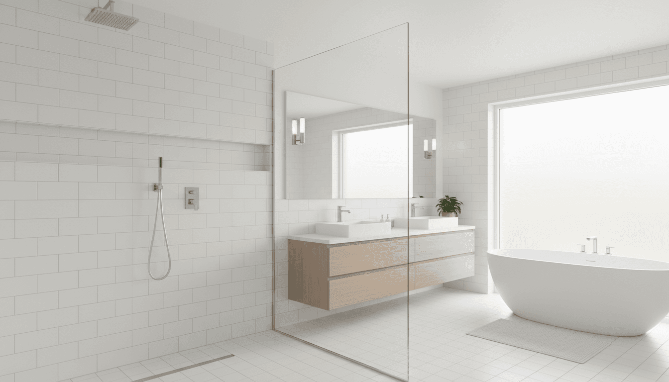 Modern bathroom with walk-in shower and clean white tiles