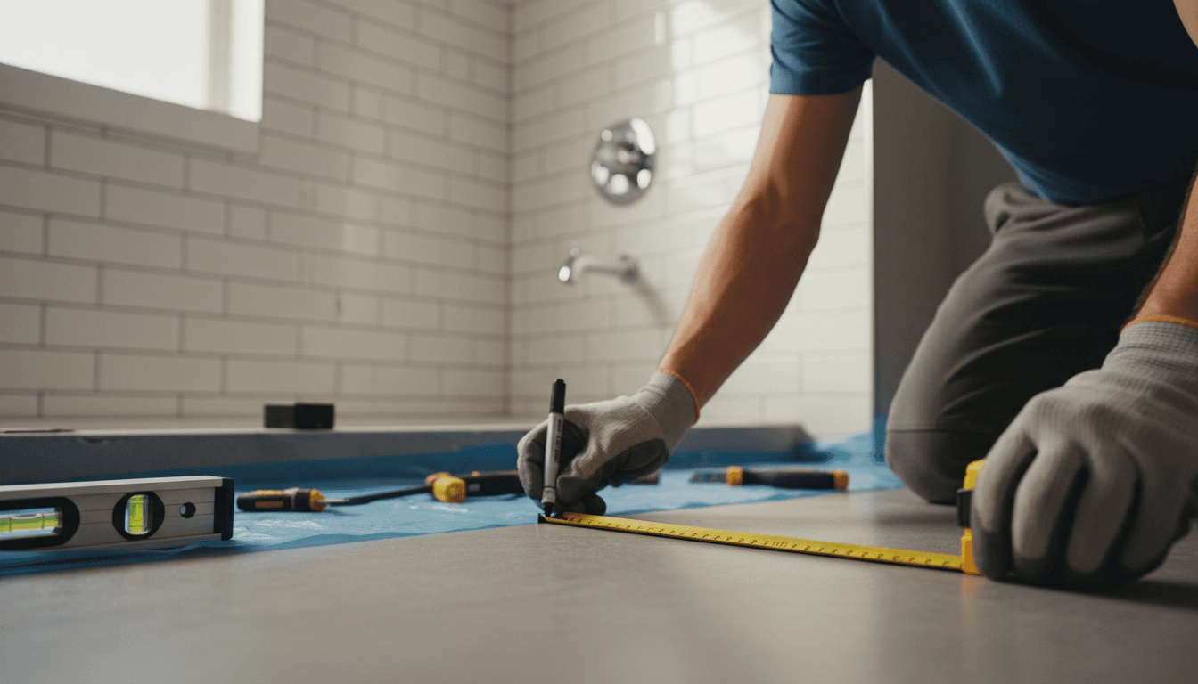 Contractor measuring a bathroom wall during renovation