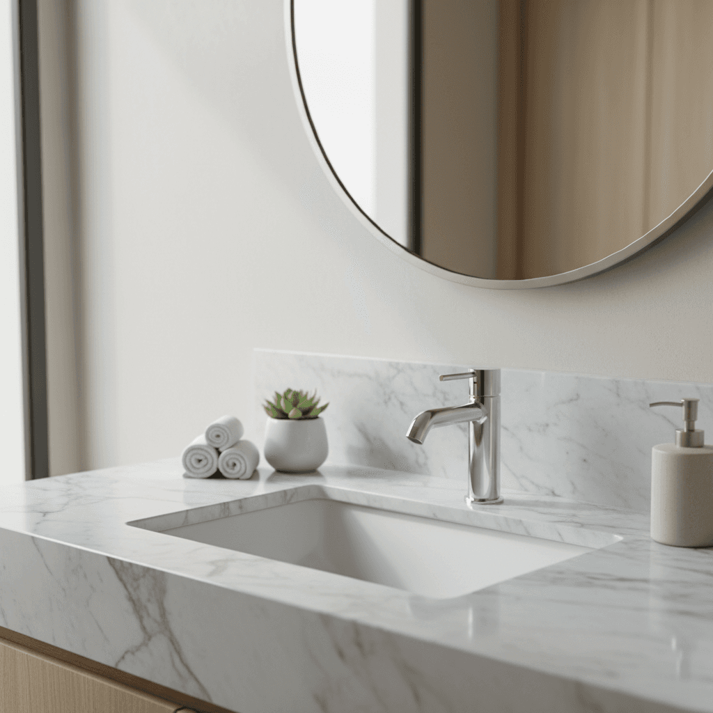 Modern bathroom vanity with double sinks, marble countertop, and brass fixtures