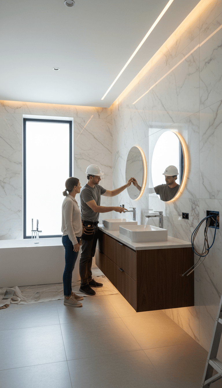 Freestanding tub with light wood vanity