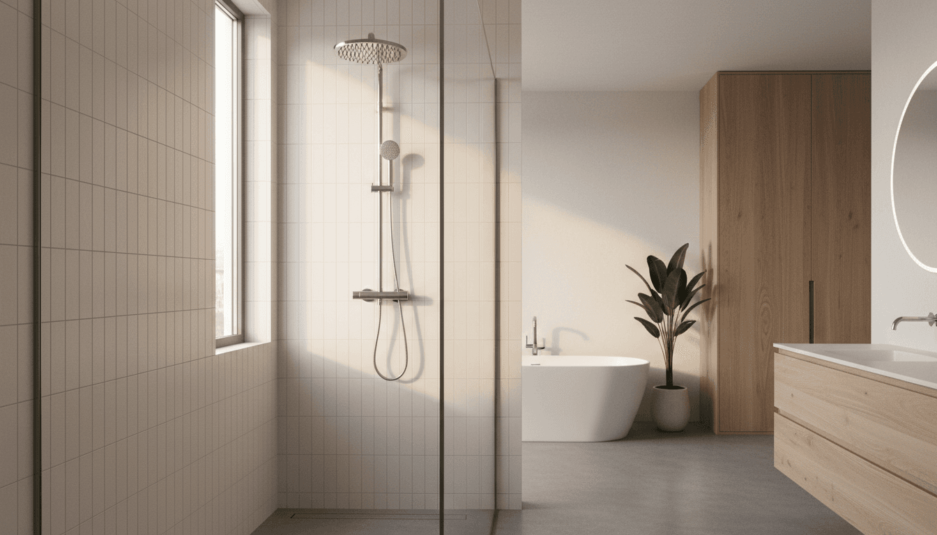 Modern bathroom with walk-in shower and sleek fixtures