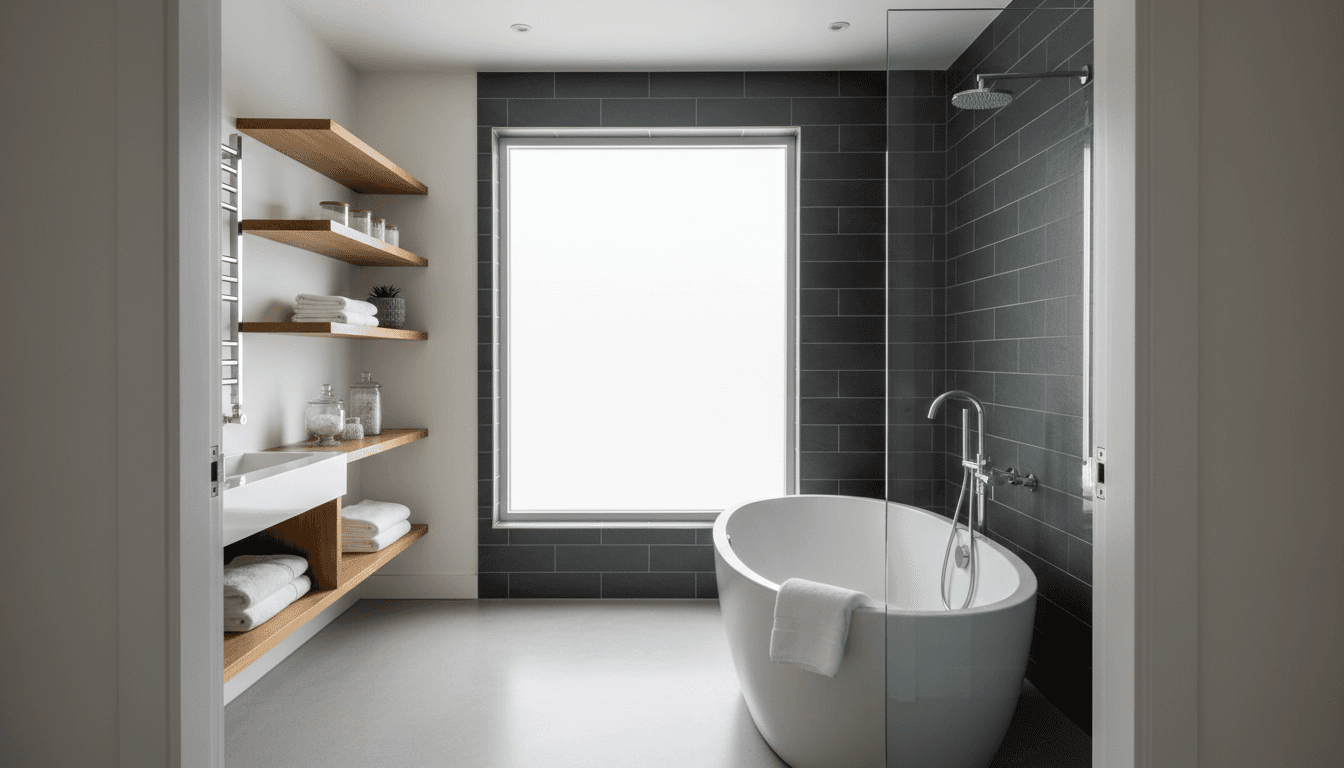Modern renovated bathroom with bright white tiles and glass shower