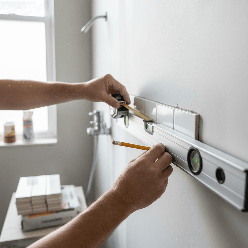 Bathroom remodeler installing tiles with hand tools