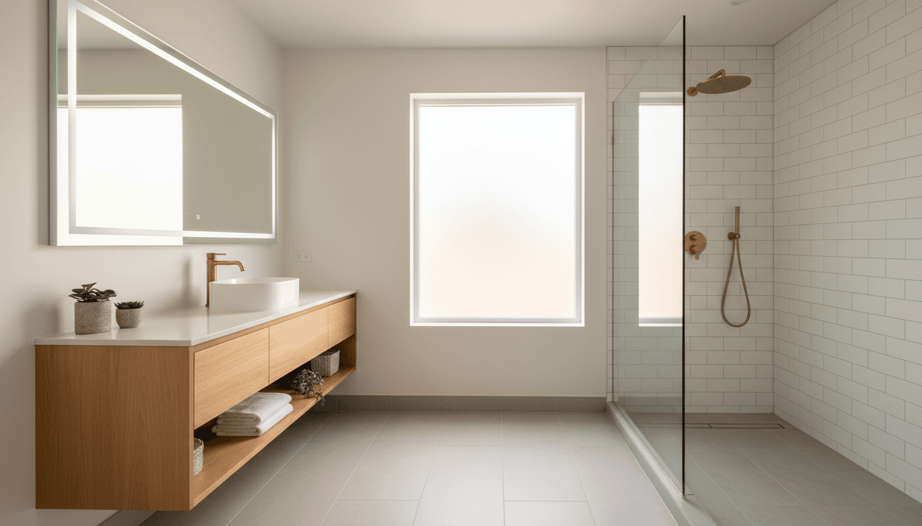 Warm beige tile with floating vanity