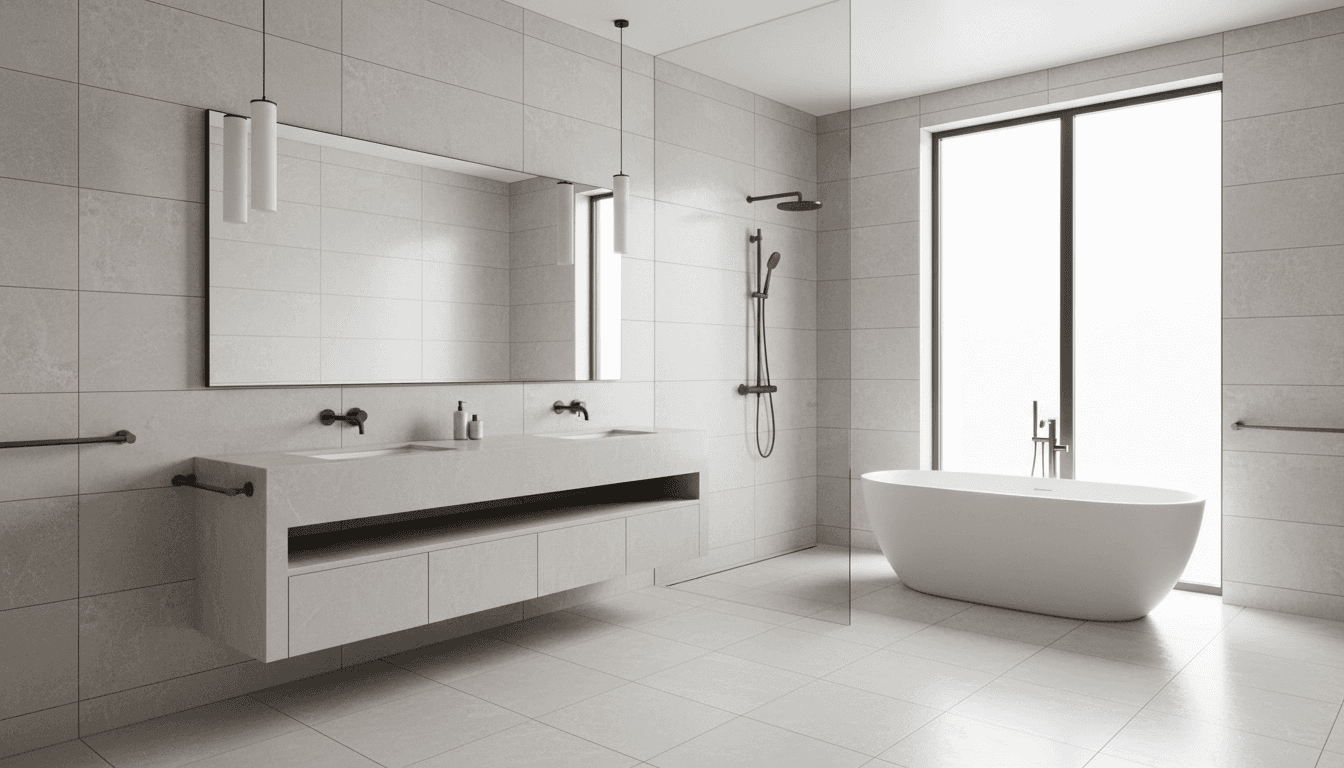 Double vanity with frameless glass shower