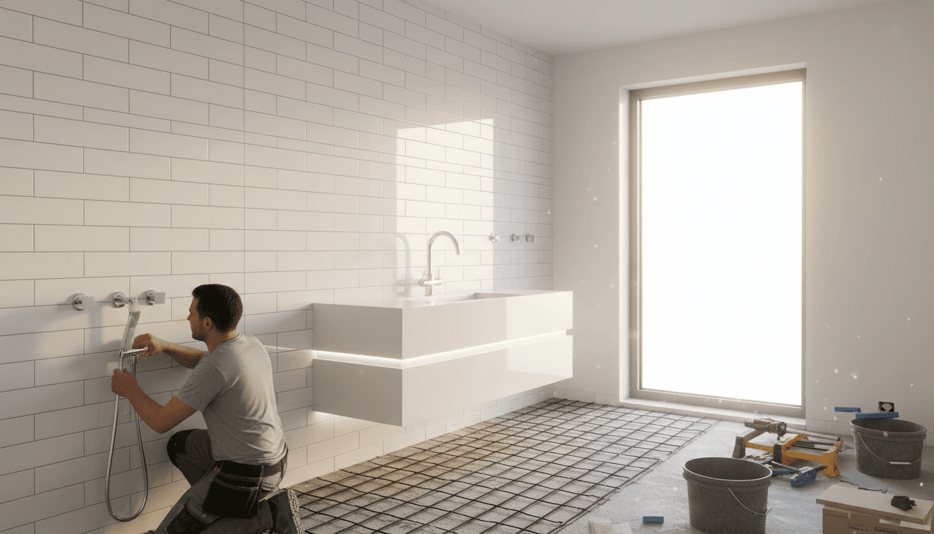 Contractor reviewing plans in a bathroom under renovation