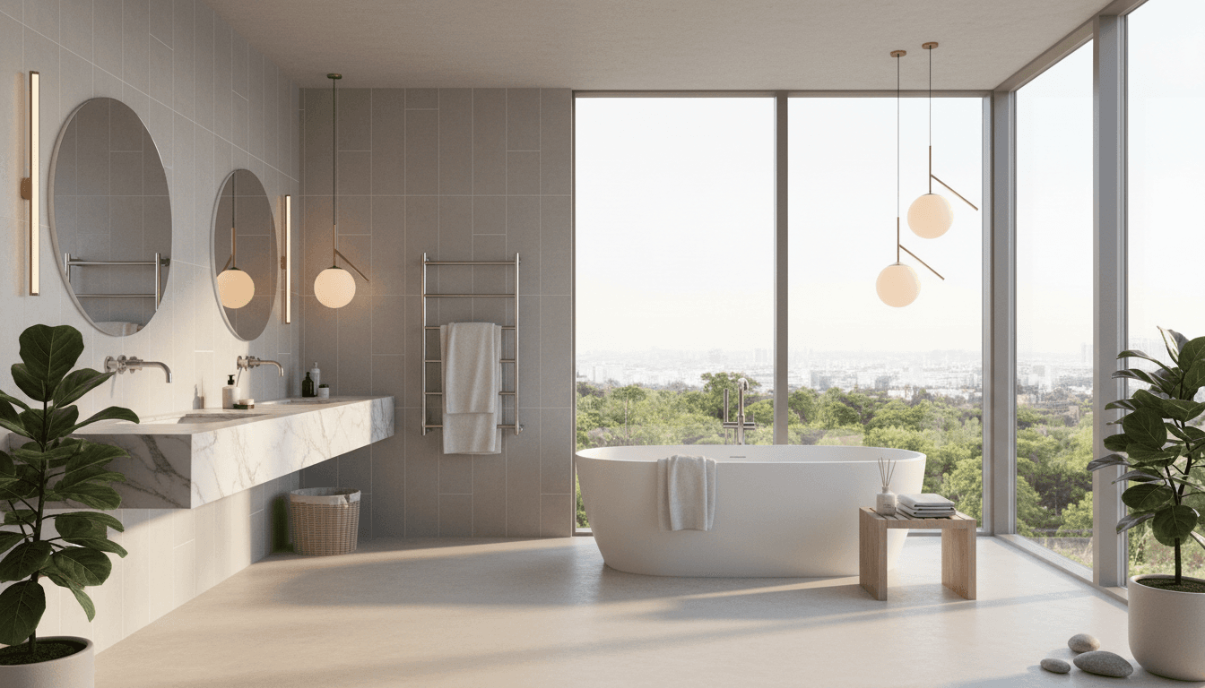 Bright modern bathroom with a freestanding tub, walk-in shower, and large window