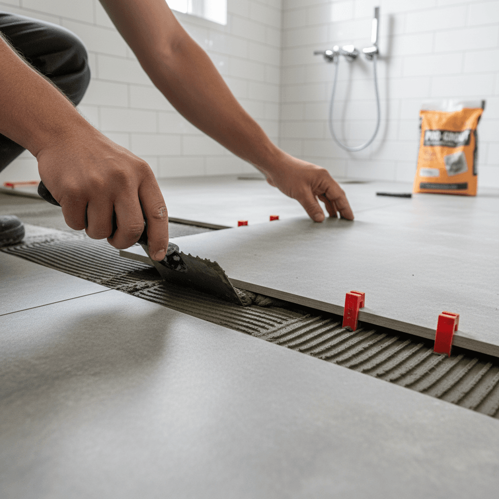 Contractor in work clothes prying up old tile with a pry bar during a bathroom demo