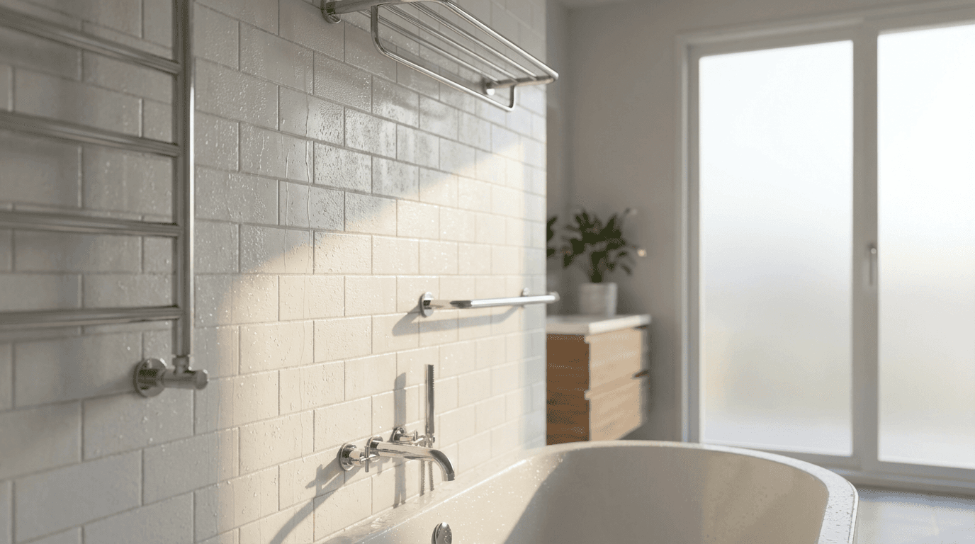 Modern bathroom with walk-in glass shower and white subway tile