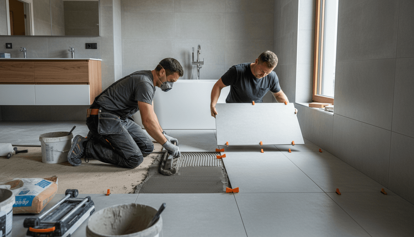 Contractor installing ceramic tile on a bathroom wall