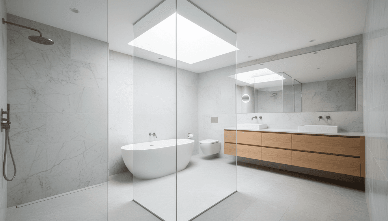 Walk-in shower with subway tile and glass enclosure in a contemporary bathroom
