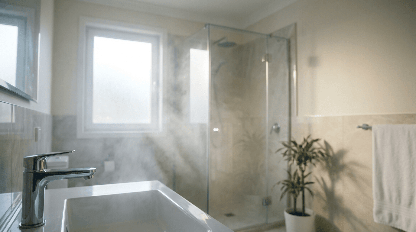 Modern white bathroom with glass shower and wood vanity